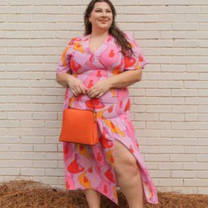 Pink and Orange Printed Midi Dress